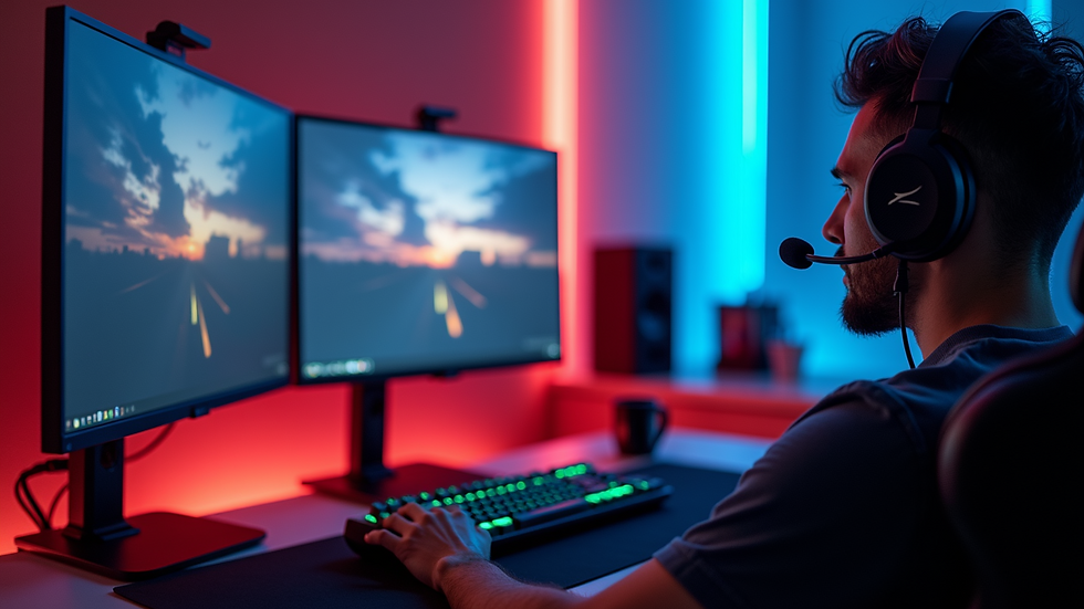 Vista em ângulo médio de setup gamer com monitor, teclado e headset