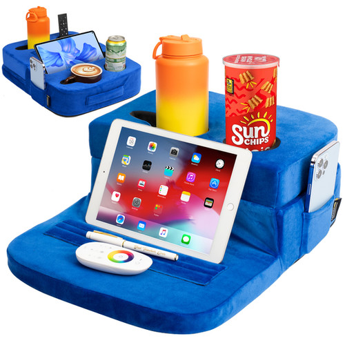 TabCouchCaddy - Couch Cup Holder Tray & Tablet Pillow (Blue