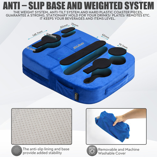 TabCouchCaddy - Couch Cup Holder Tray & Tablet Pillow (Blue