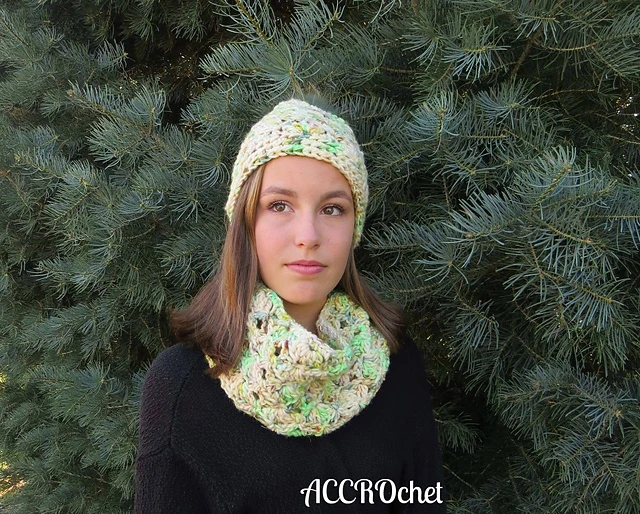 crochet hat and cowl set lucky charm lace bulky weight knitcrate pattern suggestion