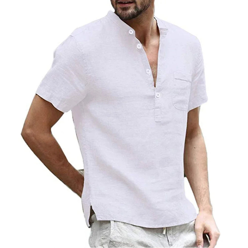 Thumbnail: Casual Men's Linen Shirt – Short Sleeve 3-Button V-Neck Top with Pocket for Ever