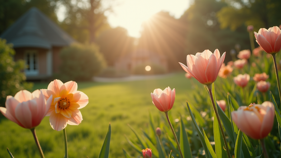 Eye-level view of a serene garden with blooming flowers