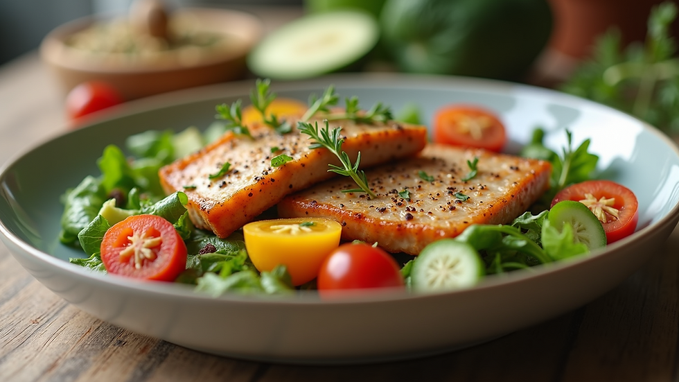 Eye-level view of a healthy meal featuring colorful vegetables and lean protein