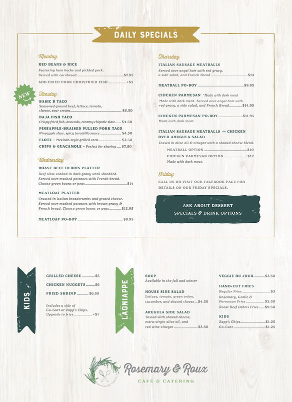 Cafe Menu Rosemary & Roux Catering New Orleans