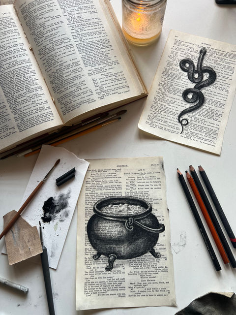 charcoal drawing of a witches cauldron on a book page from Shakespeares "Macbeth" in "The Complete Works of William Shakespeare" printed in 1950