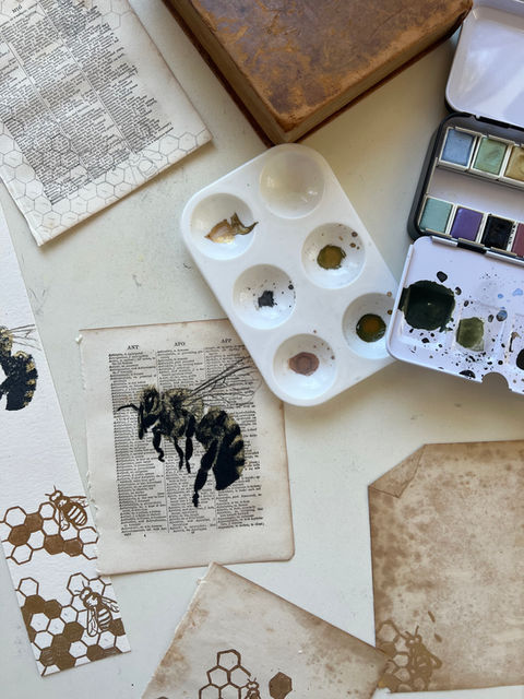 mixed media drawing of a Honey Bee on a page from the "Italian Pocket Dictionary" published in 1838.