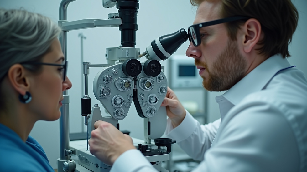 High angle view of an eye examination setup with equipment