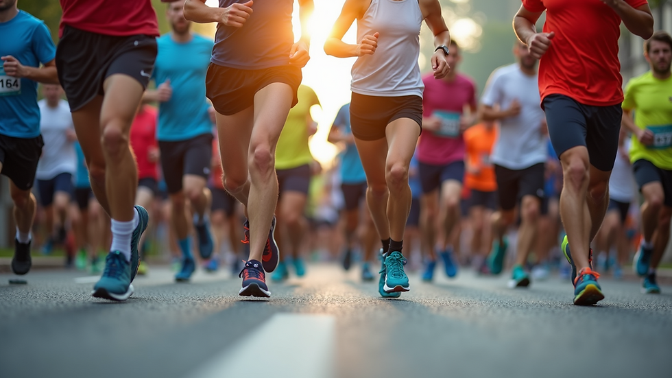 Eye-level view of a charity run event with participants in vibrant athletic gear