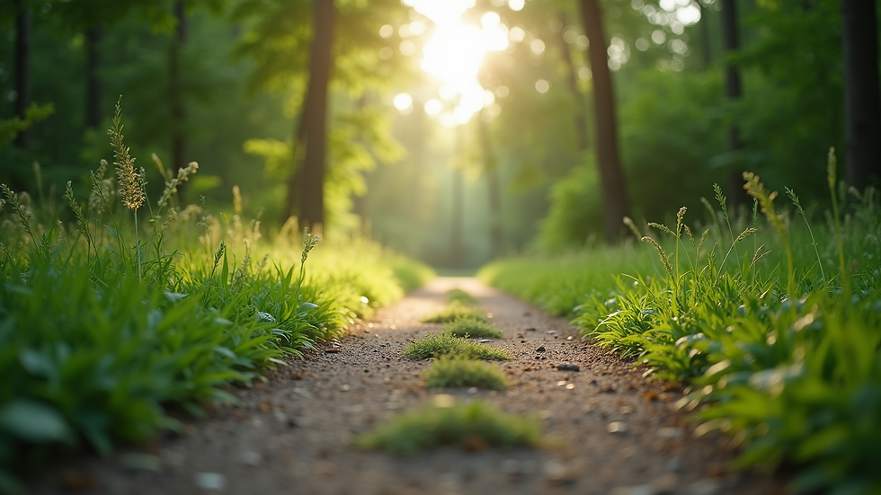 Eye-level view of a nature path surrounded by lush greenery