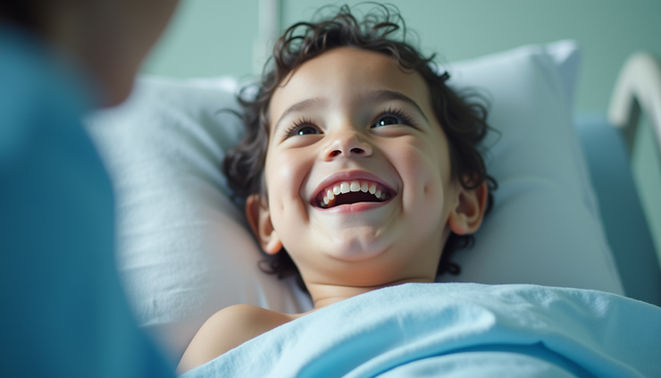 Close-up view of a child smiling brightly post-surgery in a hospital recovery room