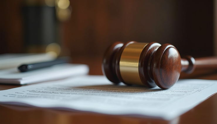 Close-up view of legal documents and a judge's gavel on a wooden desk
