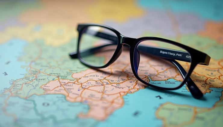 Close-up view of eyeglasses resting on a map showing different neighborhoods