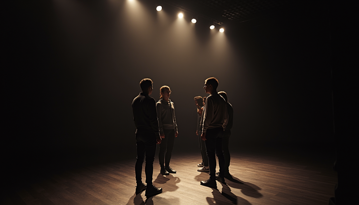 Eye-level view of a theater stage with actors rehearsing a scene