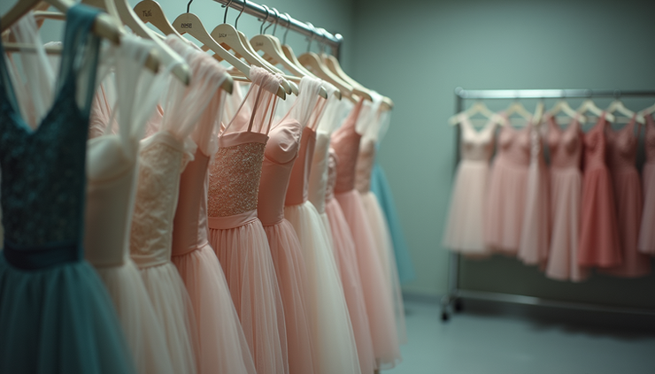 Eye-level view of ballet costumes arranged backstage on racks