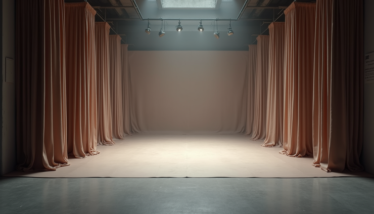 High angle view of a ballet stage with modular set pieces arranged for rehearsal