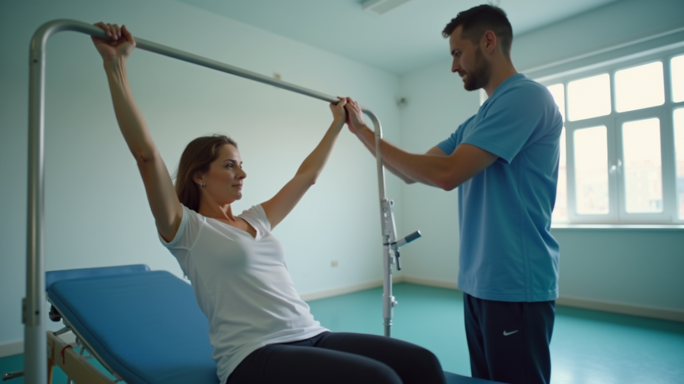 Eye-level view of a rehabilitation session with a patient performing strength exercises