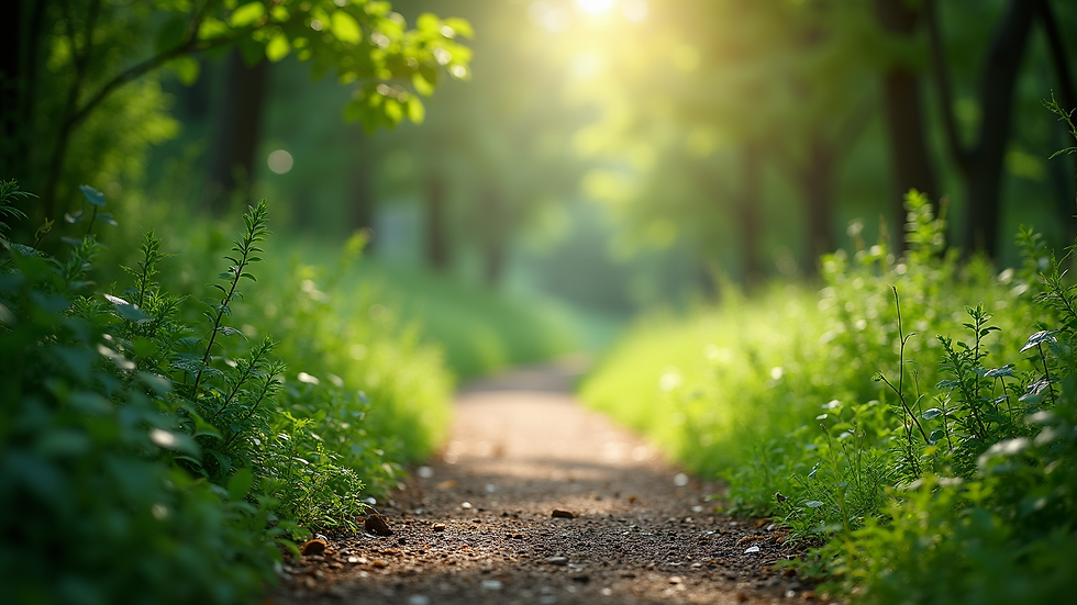 Close-up view of a serene nature path surrounded by lush greenery