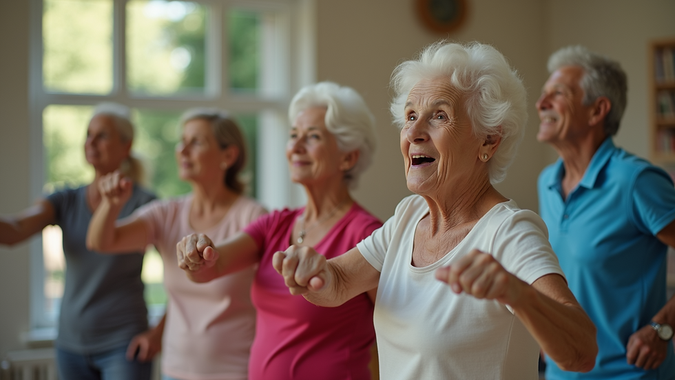 High angle view of seniors participating in a group exercise