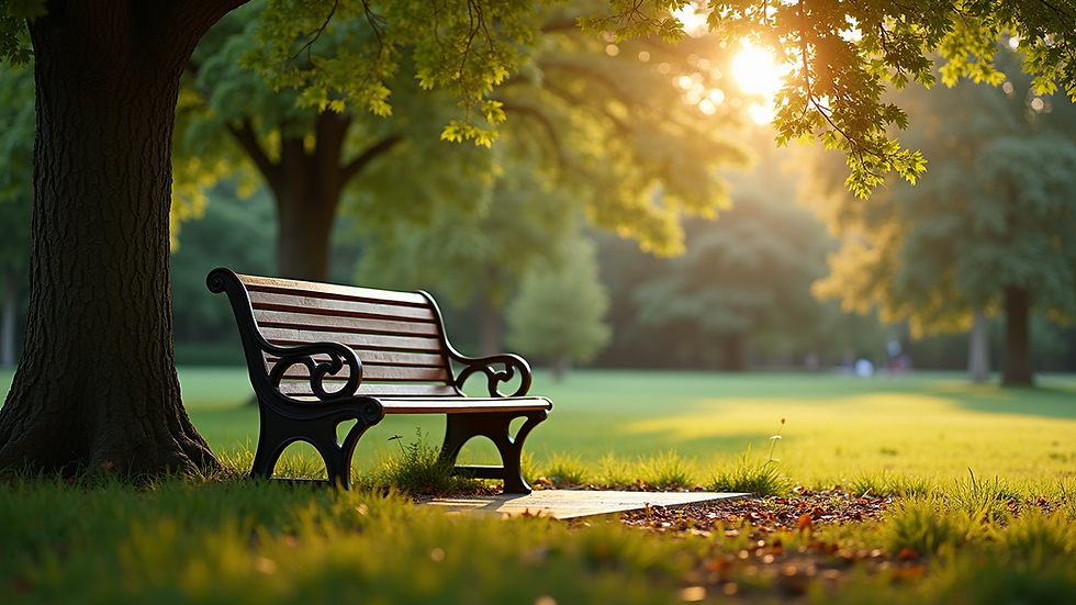Eye-level view of a serene park bench under a tree, ideal for online discussions