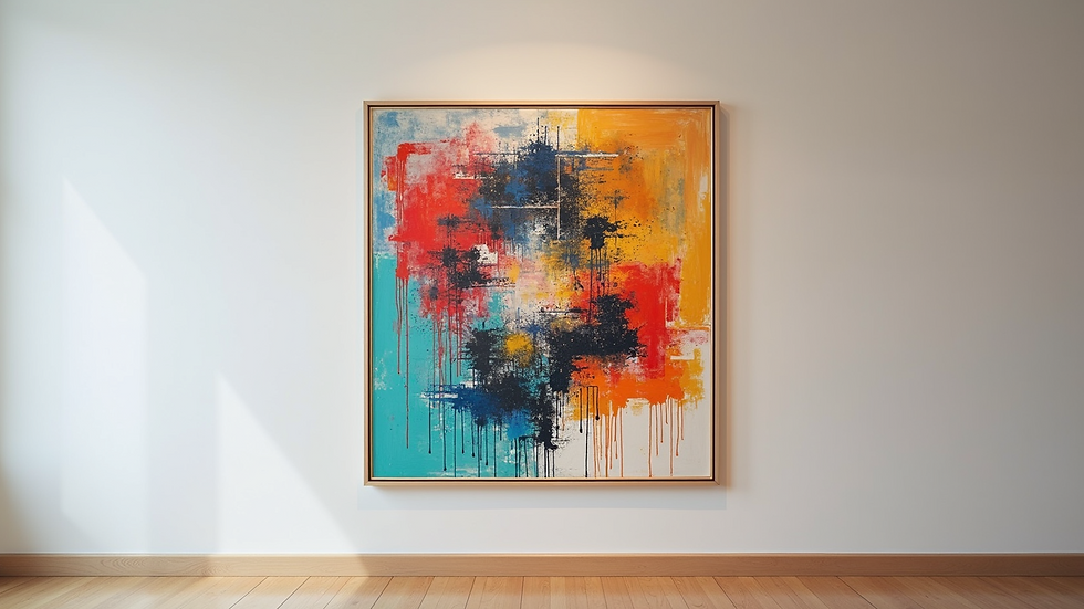 Eye-level view of a colorful mixed media art piece mounted in a gallery