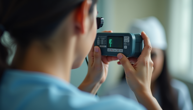 Close-up view of portable tonometer used for measuring eye pressure in rural setting