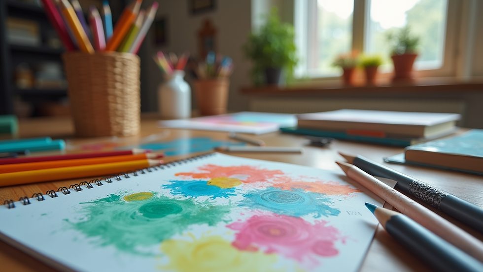Wide angle view of colorful art supplies arranged for creative projects
