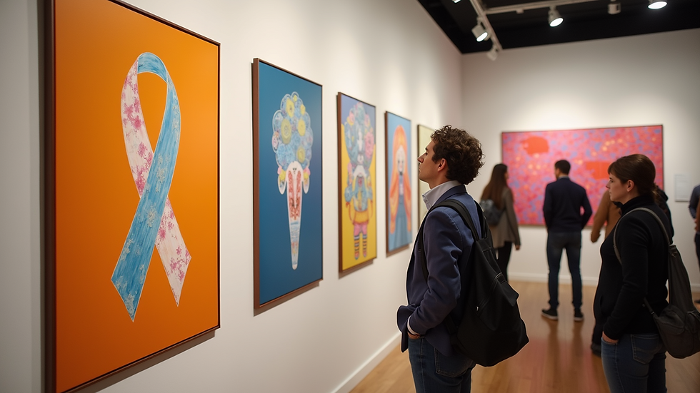 High angle view of a vibrant community art exhibit supporting pediatric cancer awareness