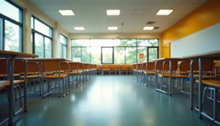 Eye-level view of a school cafeteria with empty tables and few students