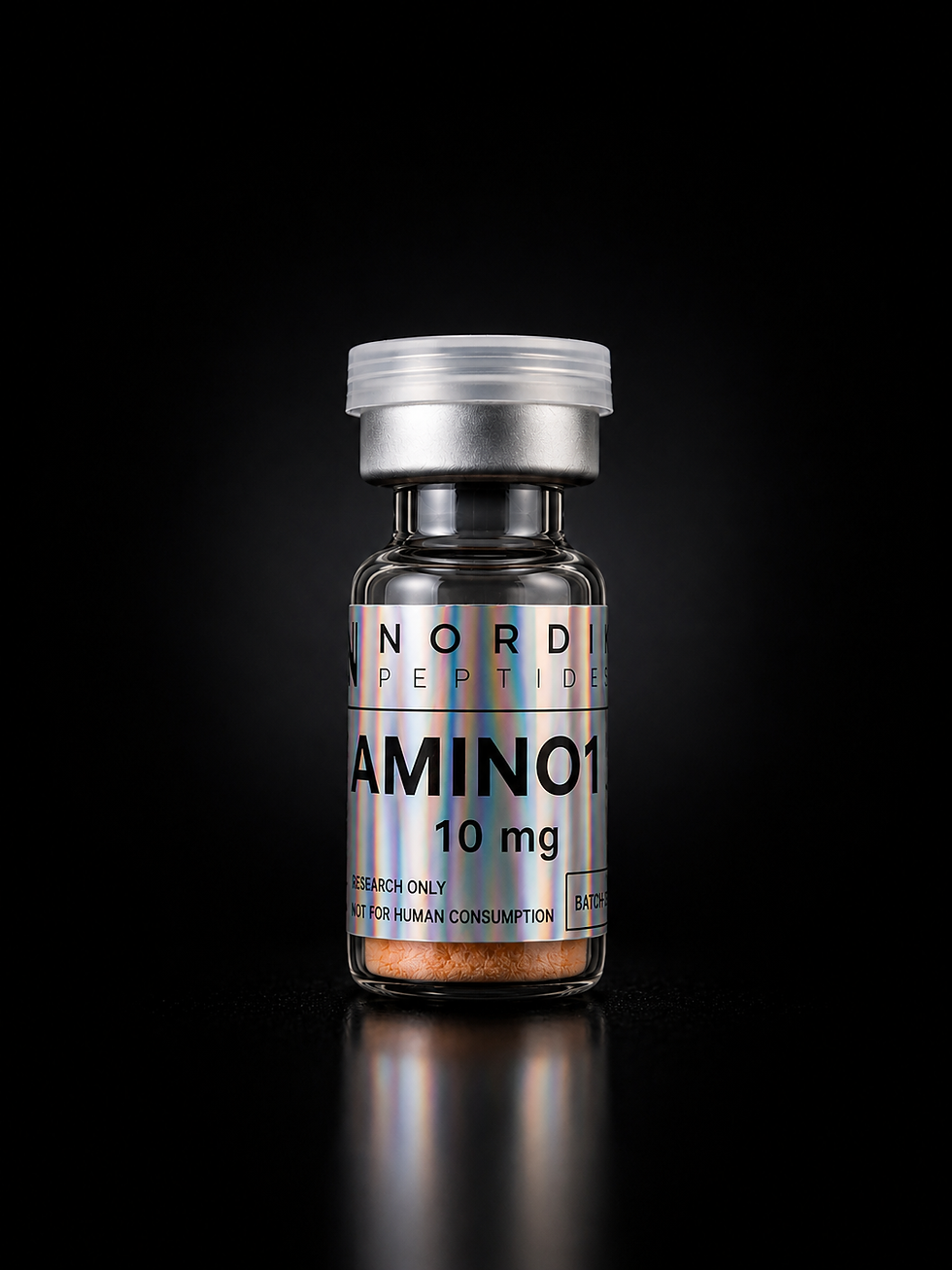 Fiole 5-Amino-1MQ Nordik Peptides pour recherche en laboratoire, composé lyophilisé haute pureté avec contrôle qualité.
