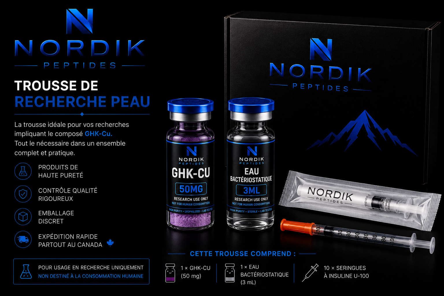 Trousse de peau Nordik Peptides pour recherche en laboratoire, composé lyophilisé haute pureté avec contrôle qualité