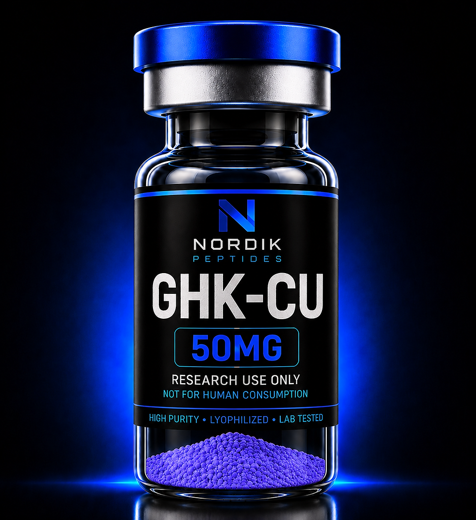 Fiole GHk-Cu Nordik Peptides pour recherche en laboratoire, composé lyophilisé haute pureté avec contrôle qualité.