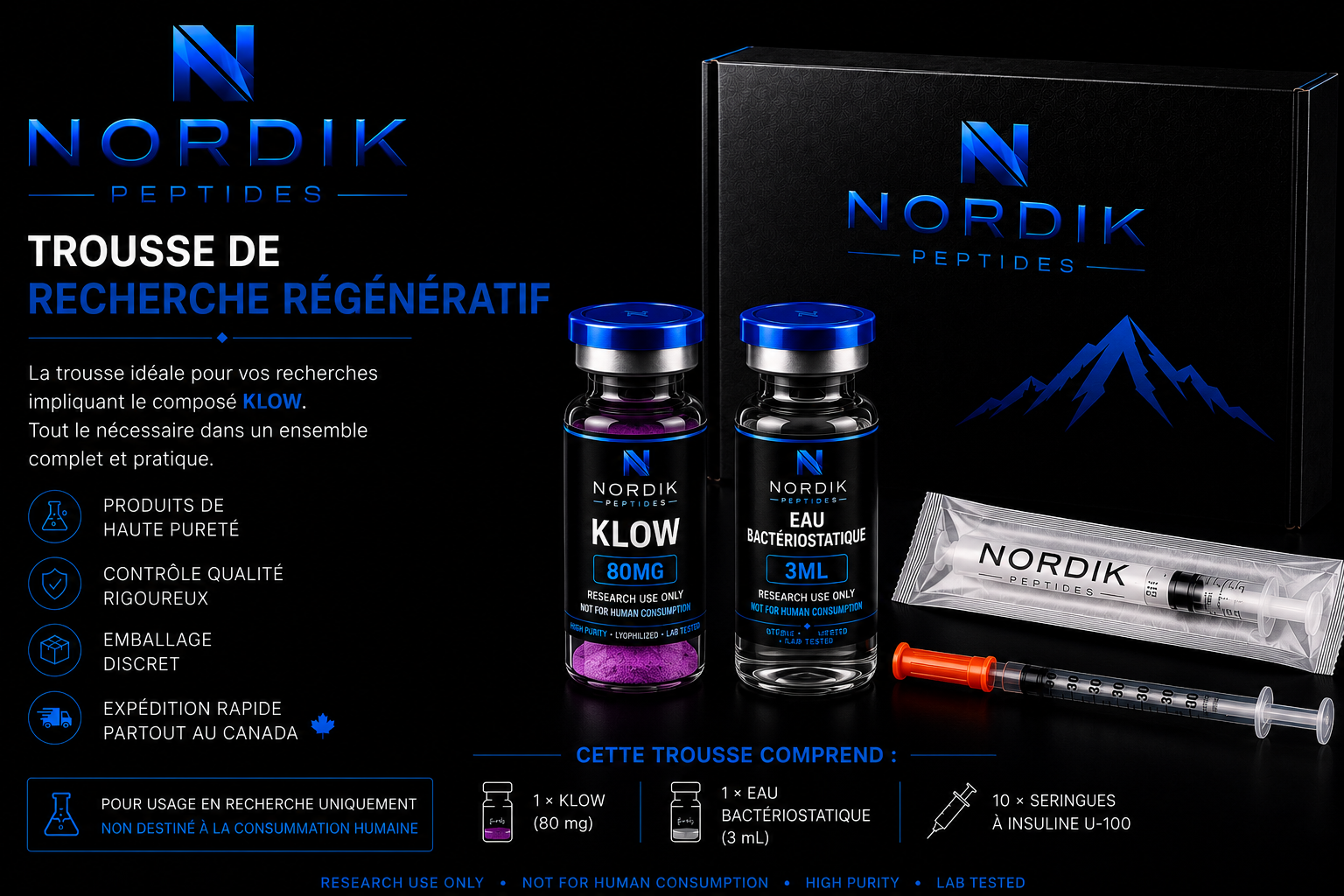 Trousse de peau Nordik Peptides pour recherche en laboratoire, composé lyophilisé haute pureté avec contrôle qualité