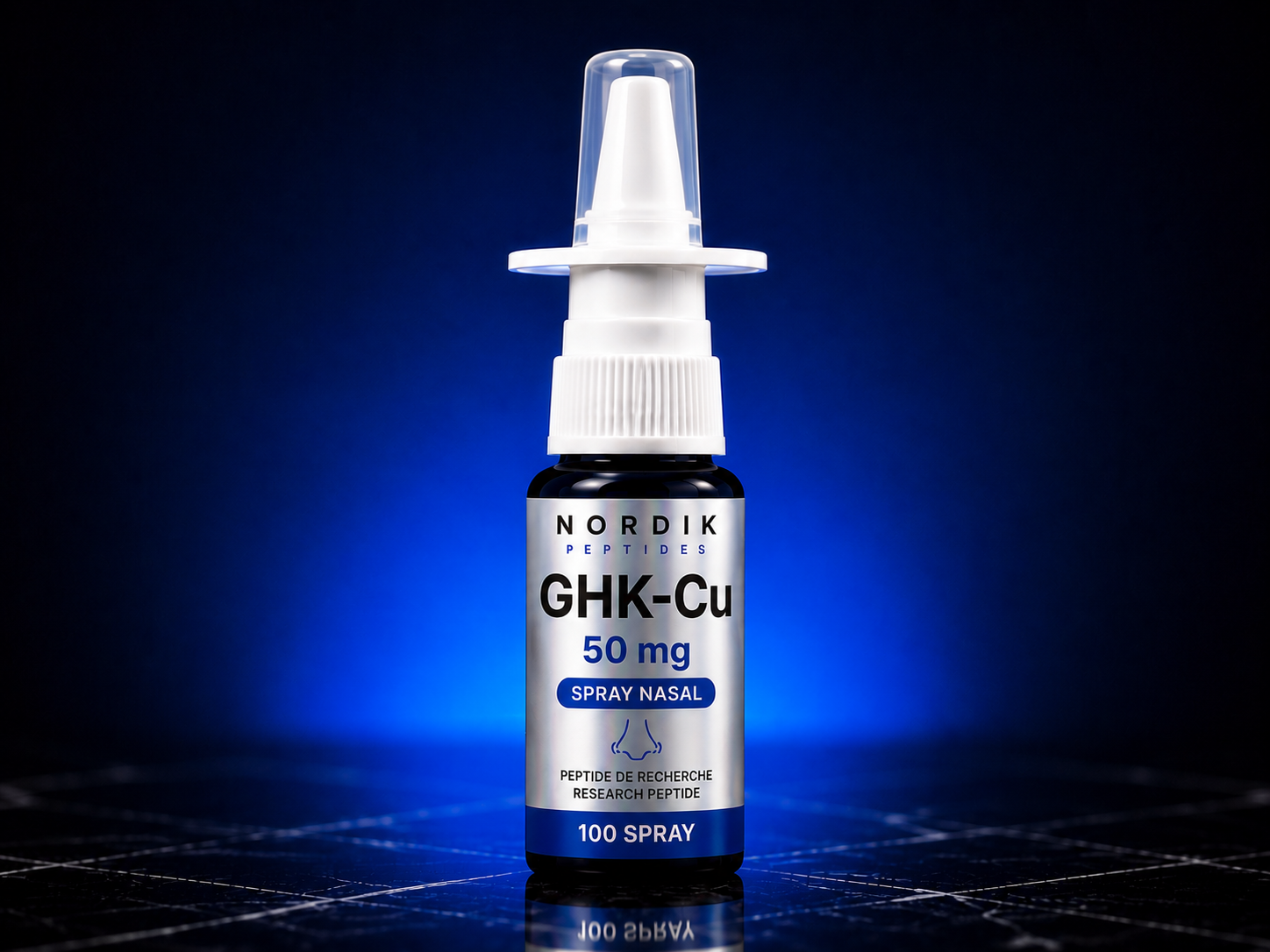 Vaporisateur nasal GHK-Cu 50mg - 10ml de Nordik Peptides pour la recherche en laboratoire, avec contrôle qualité et COA dispo