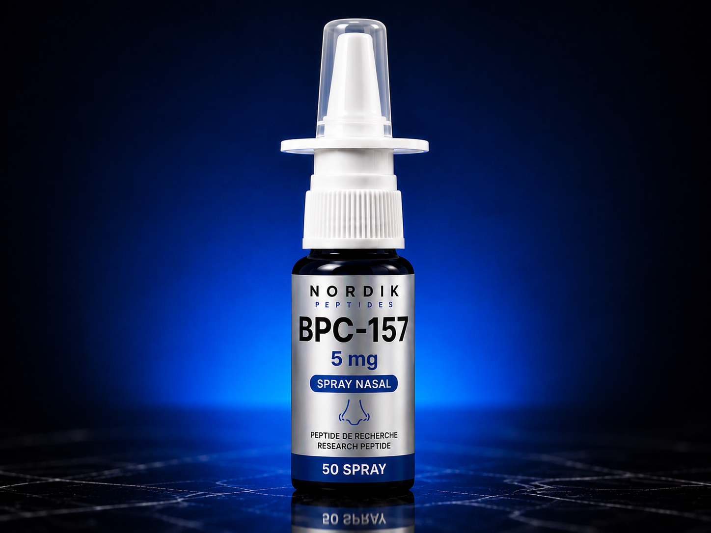 Vaporisateur nasal BPC-157 5mg - 5ml de Nordik Peptides pour la recherche en laboratoire, avec contrôle qualité et COA dispon