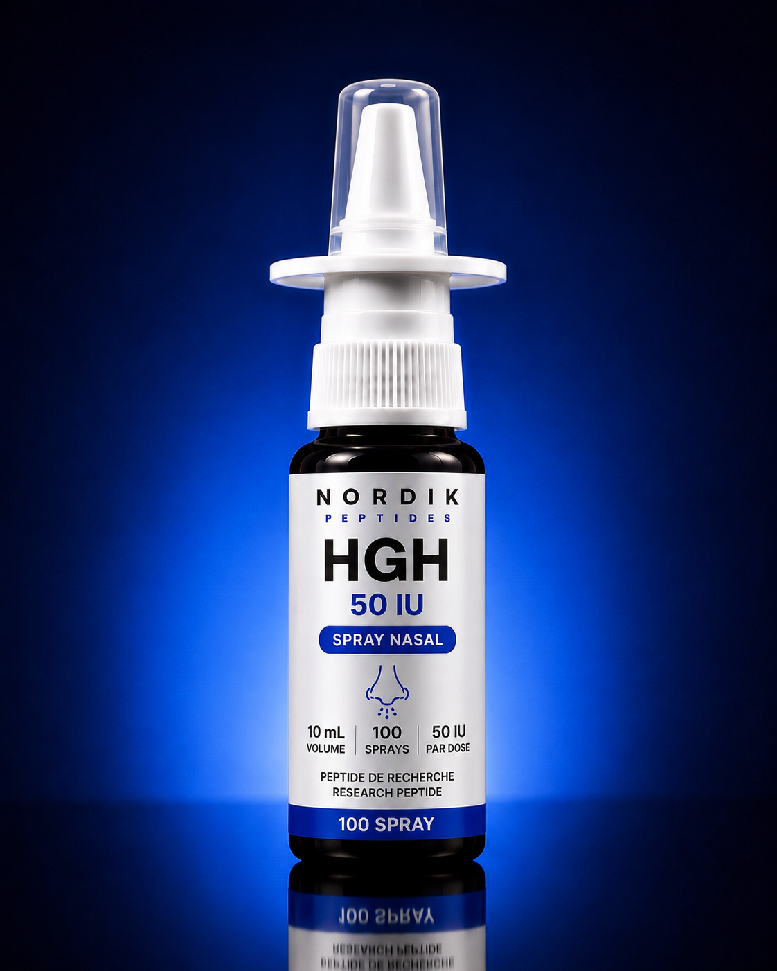 Découvrez le HGH 50 IU - 10ml de Nordik Peptides, présenté en vaporisateur nasal de haute qualité pour la recherche en labora