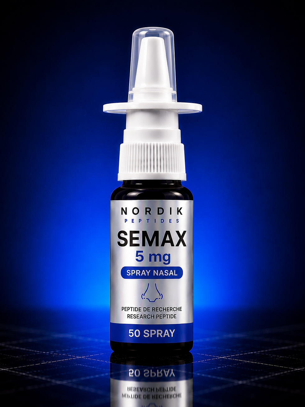 Vaporisateur nasal Semax 5mg - 5ml de Nordik Peptides pour la recherche en laboratoire, avec contrôle qualité et COA disponib