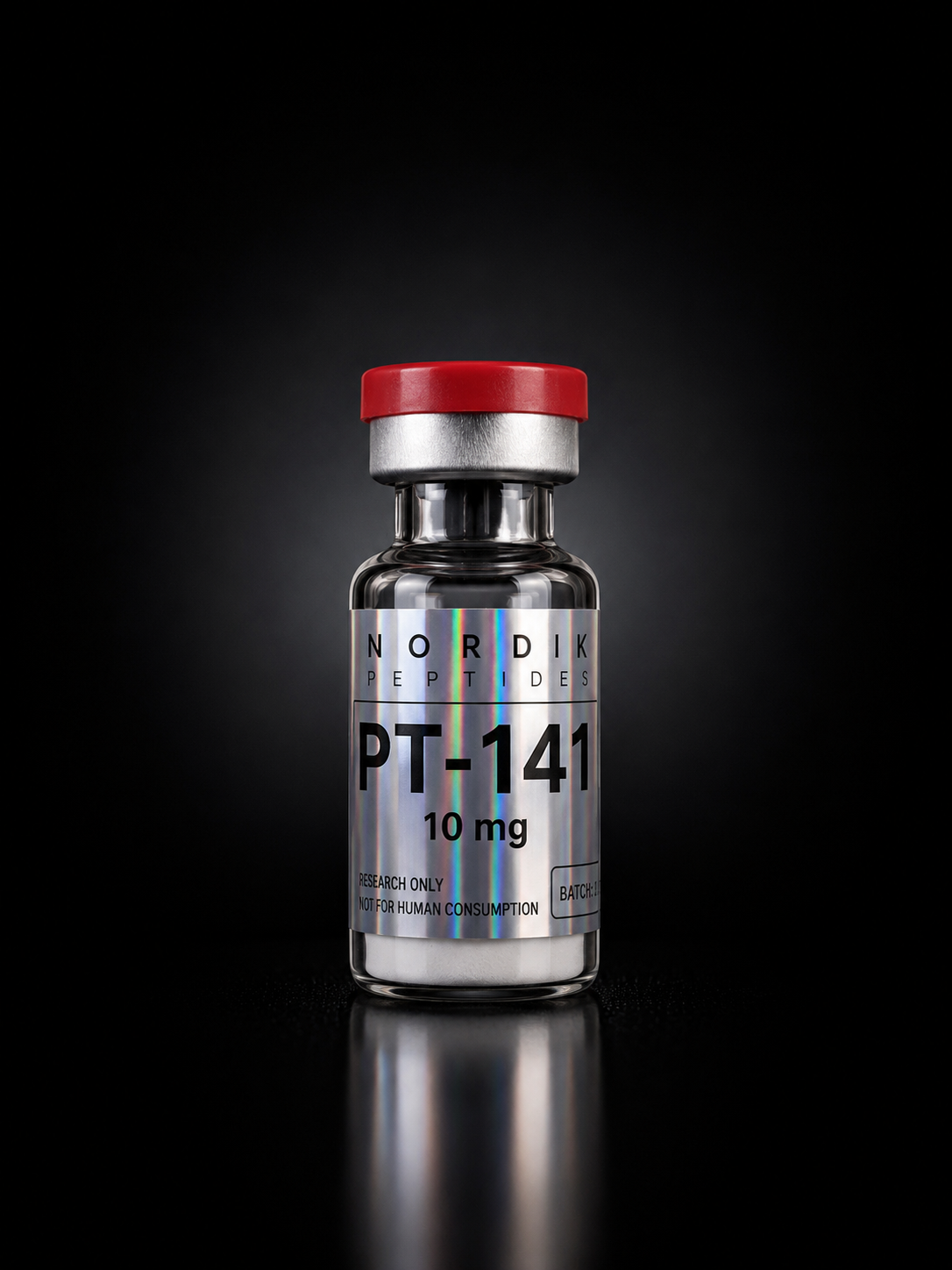 Fiole PT-141 Nordik Peptides pour recherche en laboratoire, composé lyophilisé haute pureté avec contrôle qualité.