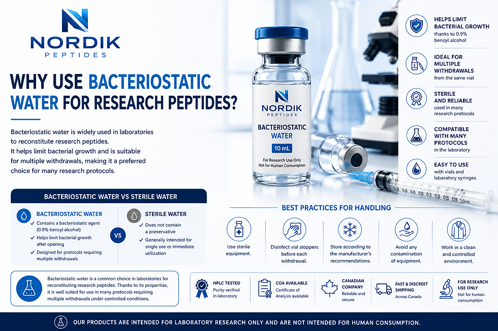 Infographic explaining why bacteriostatic water is commonly used to reconstitute research peptides, including its key benefits and laboratory handling best practices.
