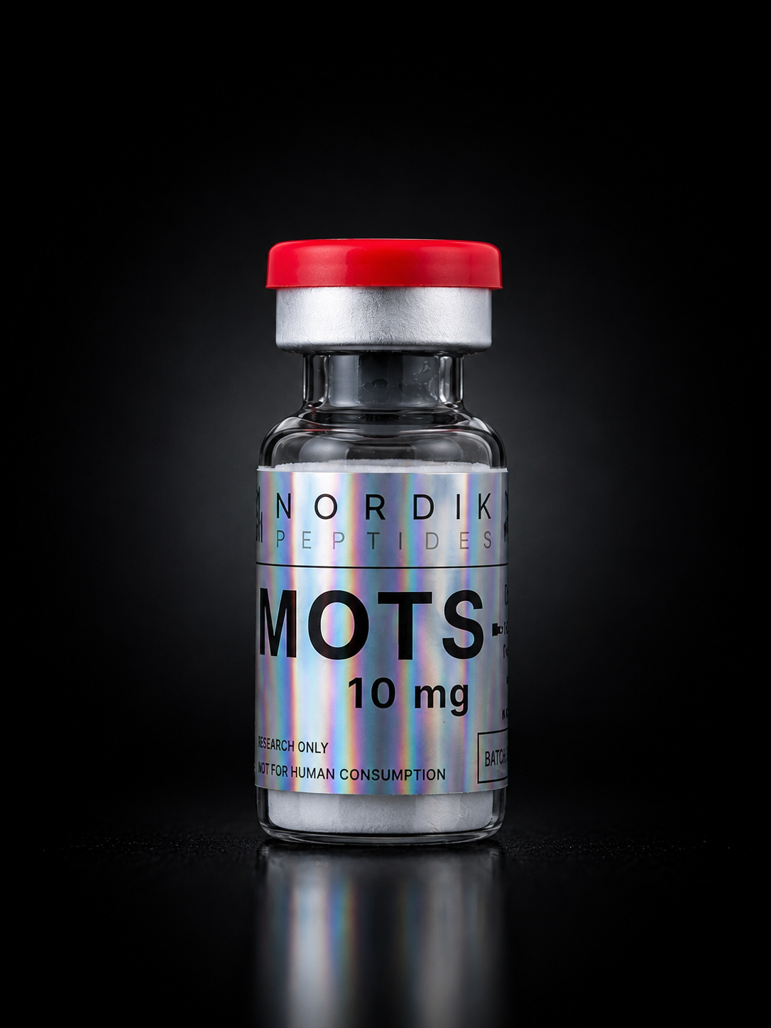 Fiole Mots-C Nordik Peptides pour recherche en laboratoire, composé lyophilisé haute pureté avec contrôle qualité.