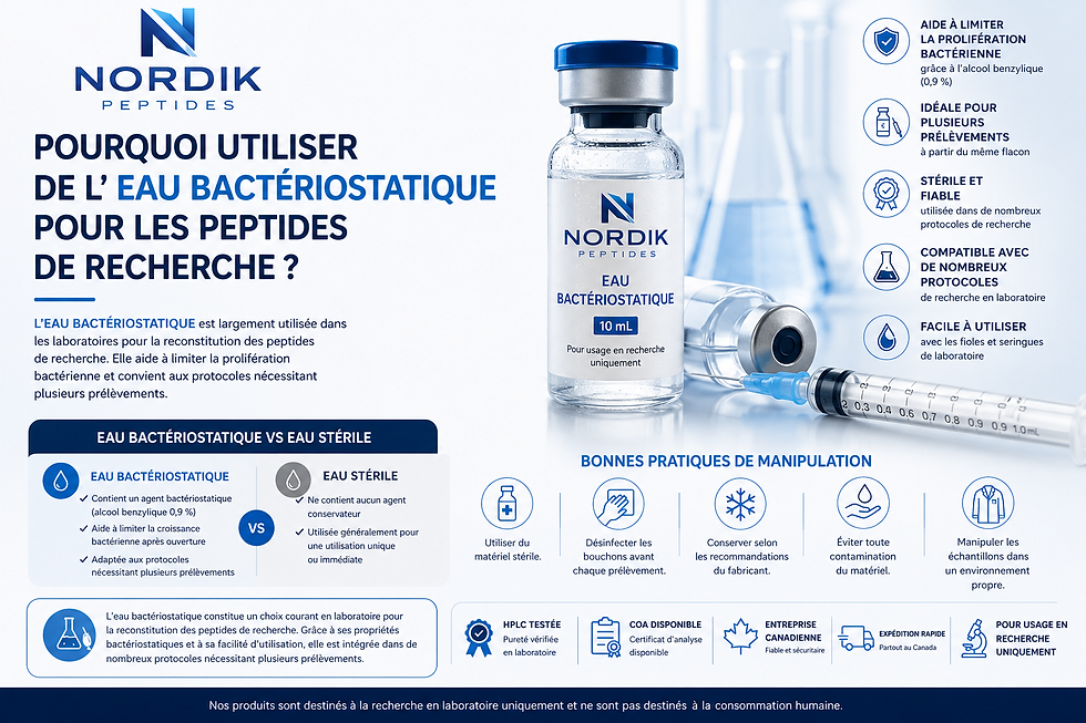 nfographie expliquant pourquoi l’eau bactériostatique est utilisée pour la reconstitution des peptides de recherche et les bonnes pratiques de manipulation en laboratoire.