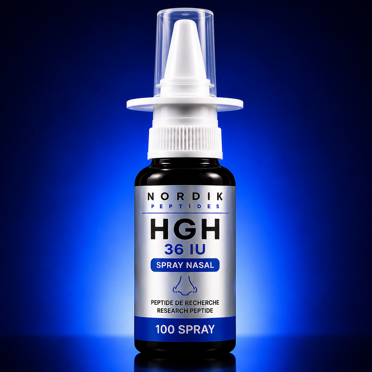 Découvrez le HGH 36 IU - 10ml de Nordik Peptides, présenté en vaporisateur nasal de haute qualité pour la recherche en labora