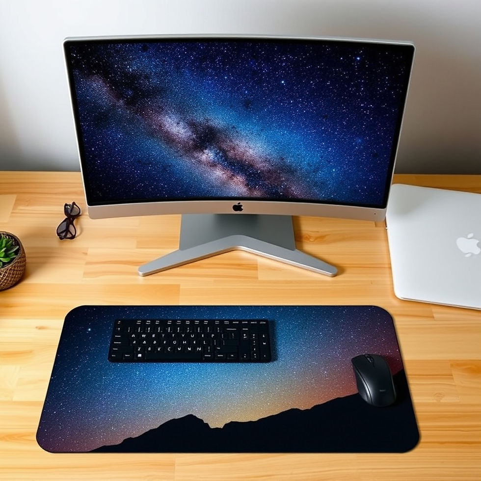 Desktop with large mouse pad featuring an image of the milky way galaxy.jpg