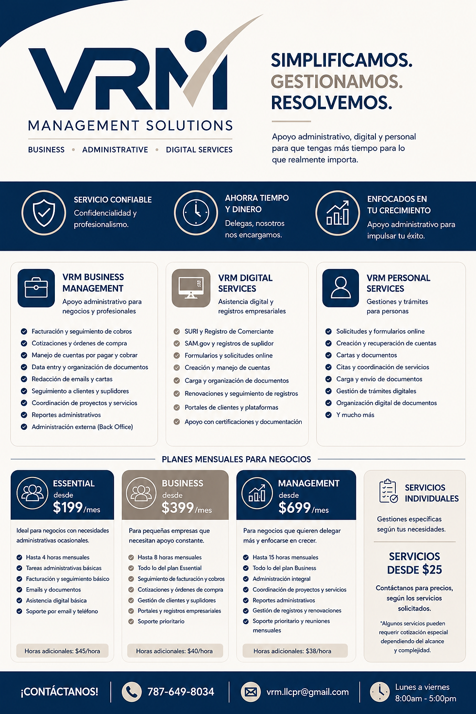 Folleto vertical de VRM Management Solutions con detalles de planes y servicios