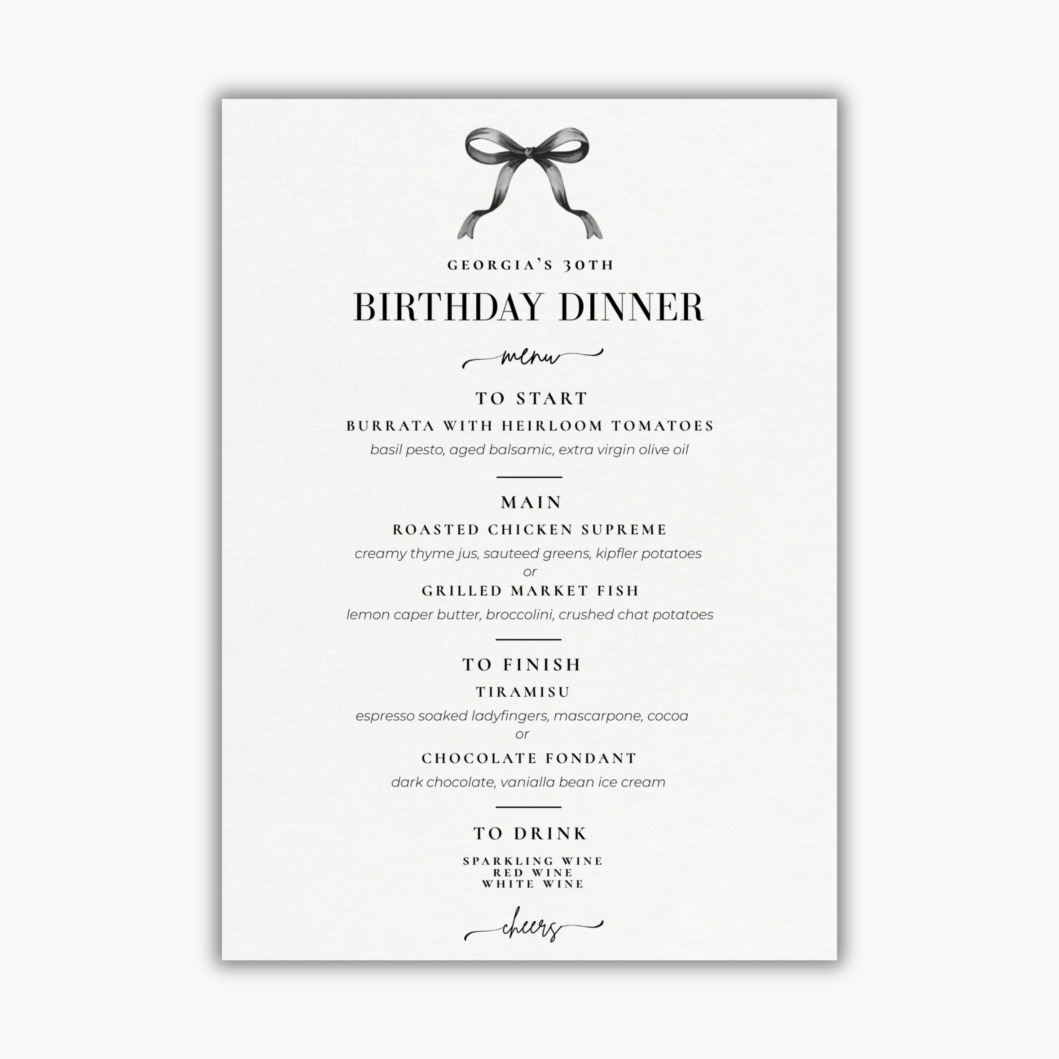 Birthday Dinner Menu - Black Bow