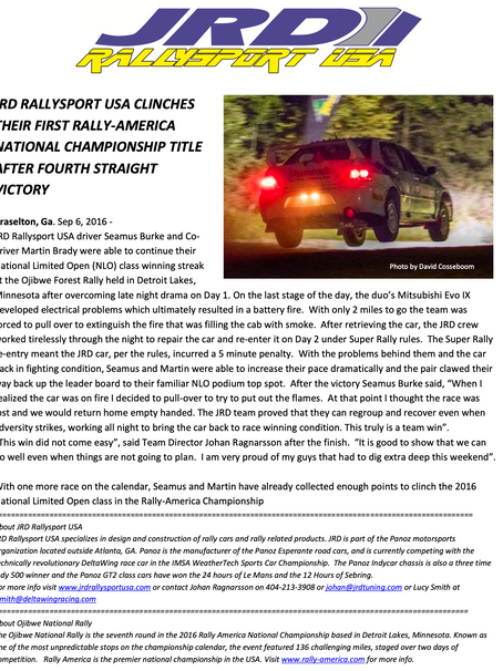 JRD Rallysport USA Captures First Rally-America National Championship
