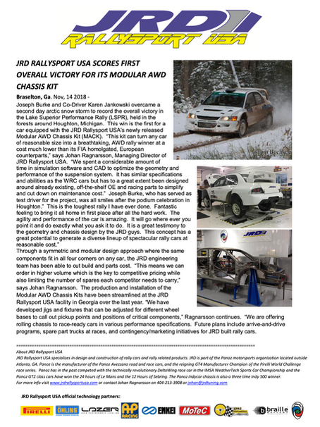 JRD Rallysport USA Secures First Overall Victory with Modular AWD Chassis Kit