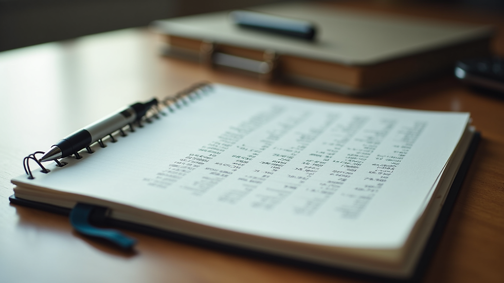 High angle view of a notebook with financial notes and a pen on a wooden desk