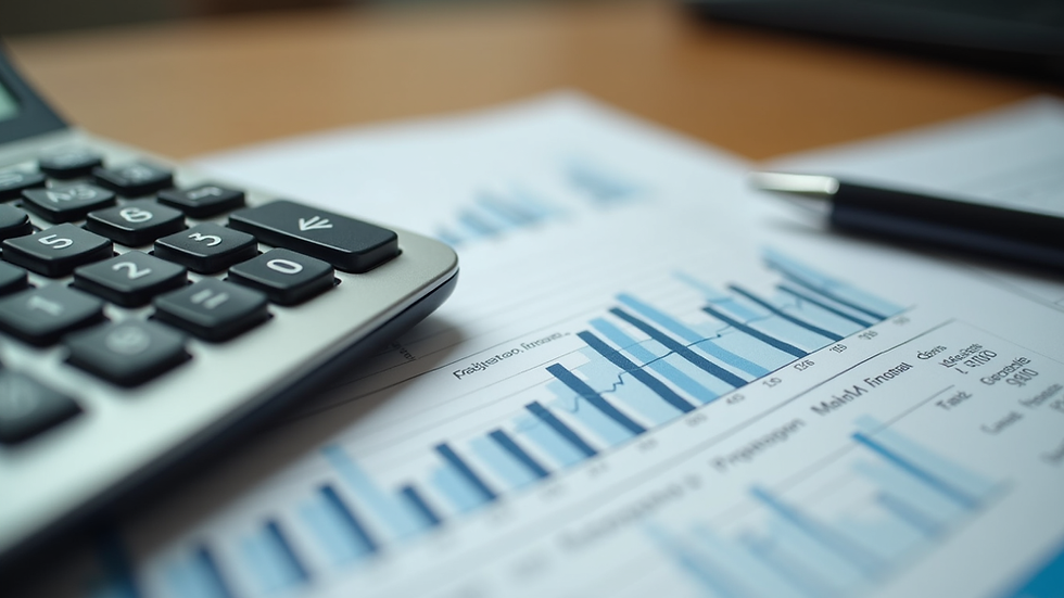Close-up view of a calculator and financial report on a wooden table