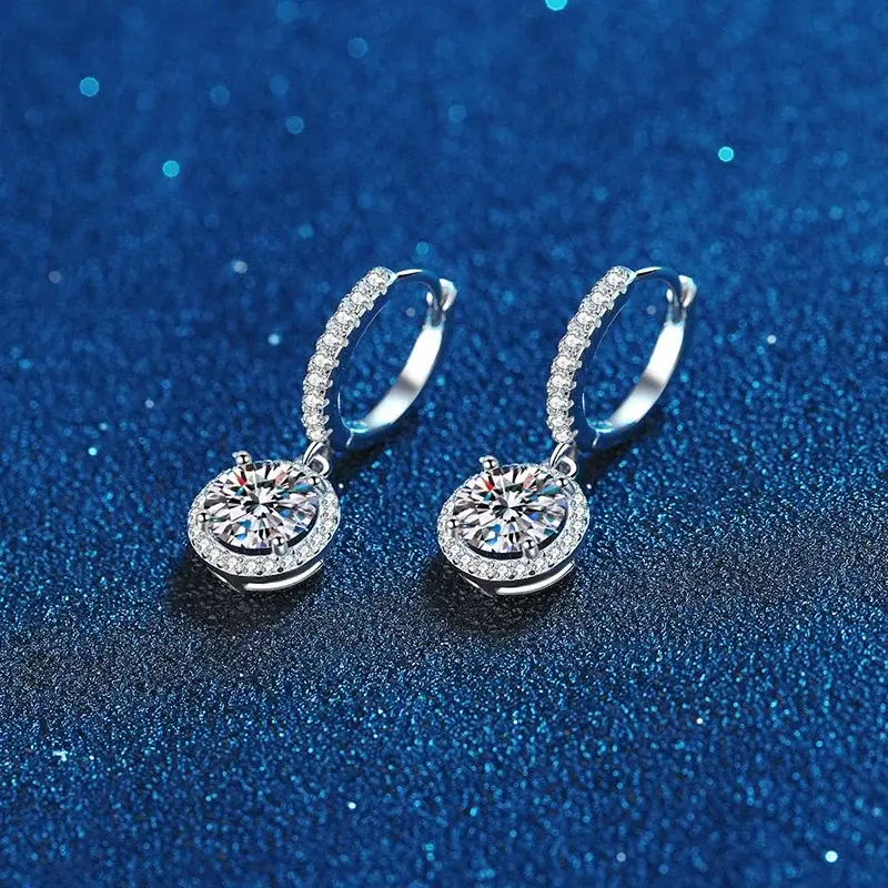 Thumbnail: 925 Sterling Silver 1 Carat Moissanite Round Earrings for Women Luxury Evening S