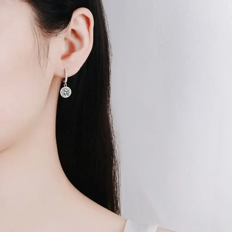 Thumbnail: 925 Sterling Silver 1 Carat Moissanite Round Earrings for Women Luxury Evening S